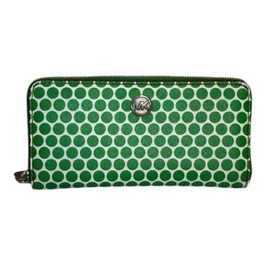 Michael Kors KiKi Continental Zip Around Green and White Polka Dot Logo Wallet.